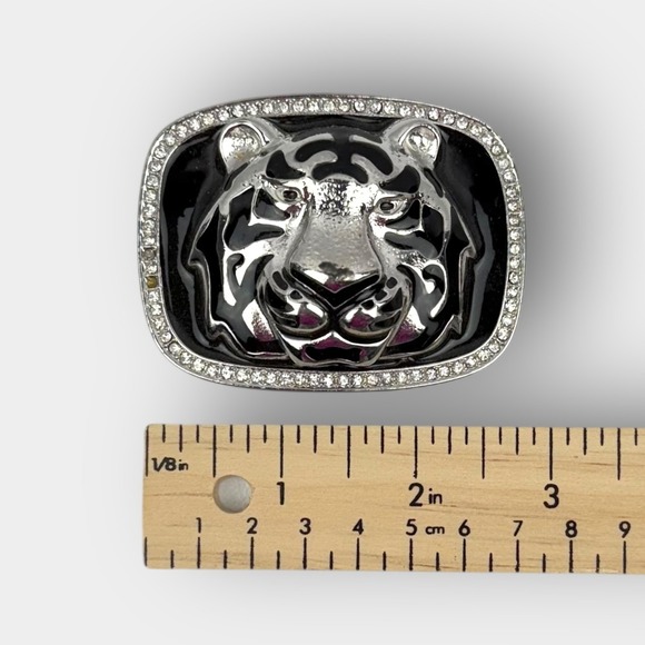 VTG Rhinestone Tiger Head Belt Buckle Silver Black damaged Animal - Picture 3 of 3